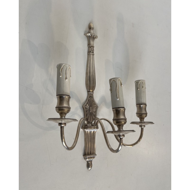 Pair of Neoclassical Style Silvered Wall Sconces with Three Lights in the Style of Maison Jansen. Circa 1940