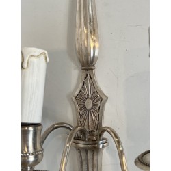 Pair of Neoclassical Style Silvered Wall Sconces with Three Lights in the Style of Maison Jansen. Circa 1940
