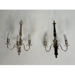 Pair of Neoclassical Style Silvered Wall Sconces with Three Lights in the Style of Maison Jansen. Circa 1940