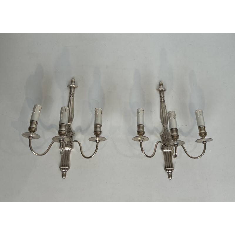 Pair of Neoclassical Style Silvered Wall Sconces with Three Lights in the Style of Maison Jansen. Circa 1940