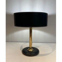 Dark Green Stitched Leather & Brass Desk Lamp, Style of Jacques Adnet, circa 1970