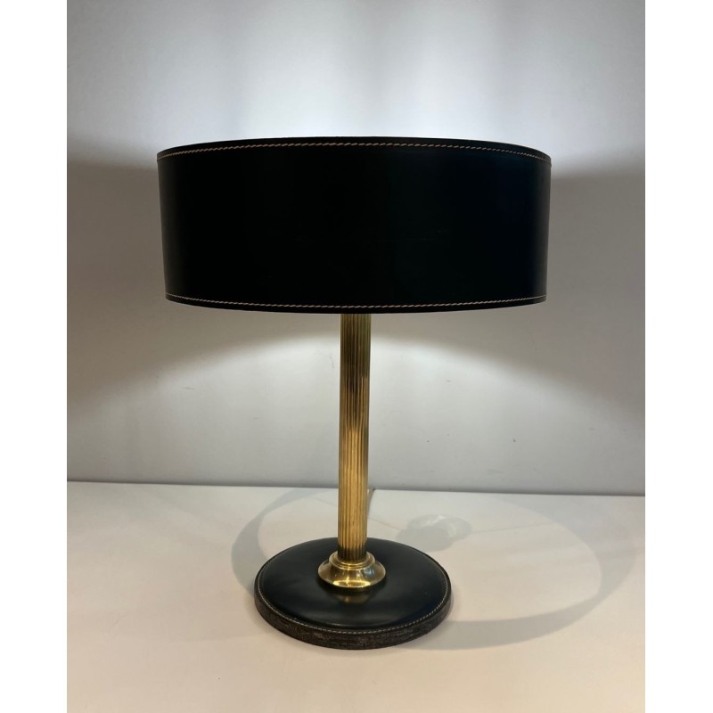 Dark Green Stitched Leather & Brass Desk Lamp, Style of Jacques Adnet, circa 1970