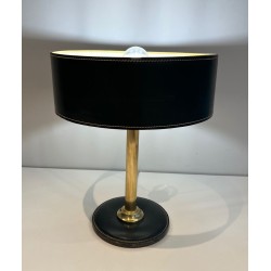 Dark Green Stitched Leather & Brass Desk Lamp, Style of Jacques Adnet, circa 1970