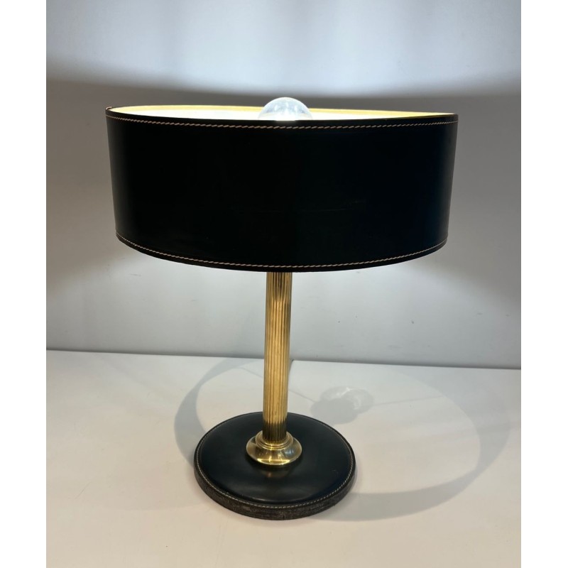 Dark Green Stitched Leather & Brass Desk Lamp, Style of Jacques Adnet, circa 1970