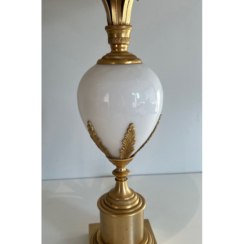 Lampe Œuf d’Autruche Opaline Blanche Nickel Doré, Goût Maison Charles, vers 1970
