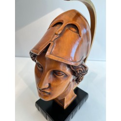 Paire de Lampes en Noyer, Visages de Soldats Casqués, Travail Italien, vers 1970