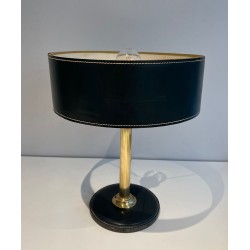 Dark Green Stitched Leather & Brass Desk Lamp, Style of Jacques Adnet, circa 1970