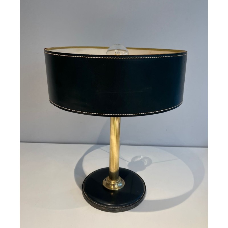 Dark Green Stitched Leather & Brass Desk Lamp, Style of Jacques Adnet, circa 1970
