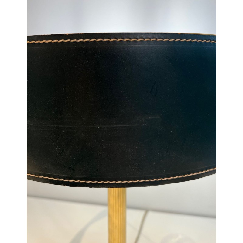 Dark Green Stitched Leather & Brass Desk Lamp, Style of Jacques Adnet, circa 1970