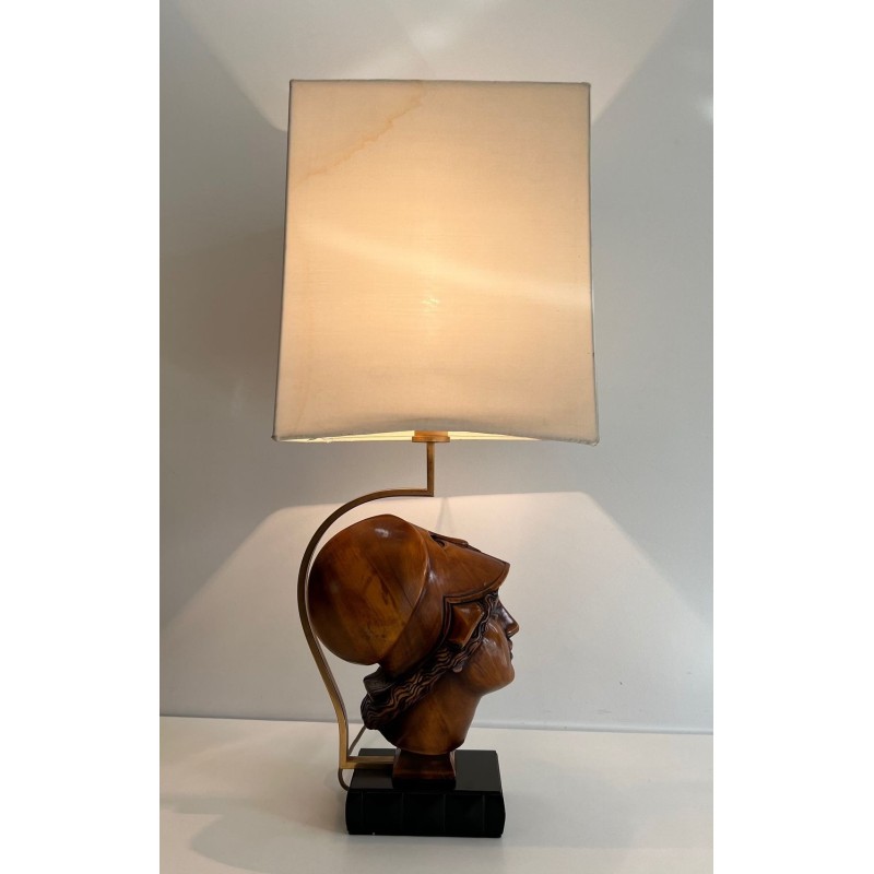 Paire de Lampes en Noyer, Visages de Soldats Casqués, Travail Italien, vers 1970