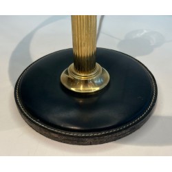 Dark Green Stitched Leather & Brass Desk Lamp, Style of Jacques Adnet, circa 1970