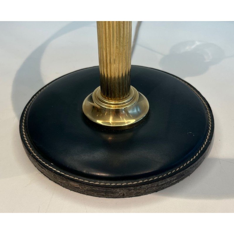 Dark Green Stitched Leather & Brass Desk Lamp, Style of Jacques Adnet, circa 1970