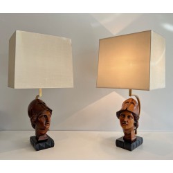 Paire de Lampes en Noyer, Visages de Soldats Casqués, Travail Italien, vers 1970