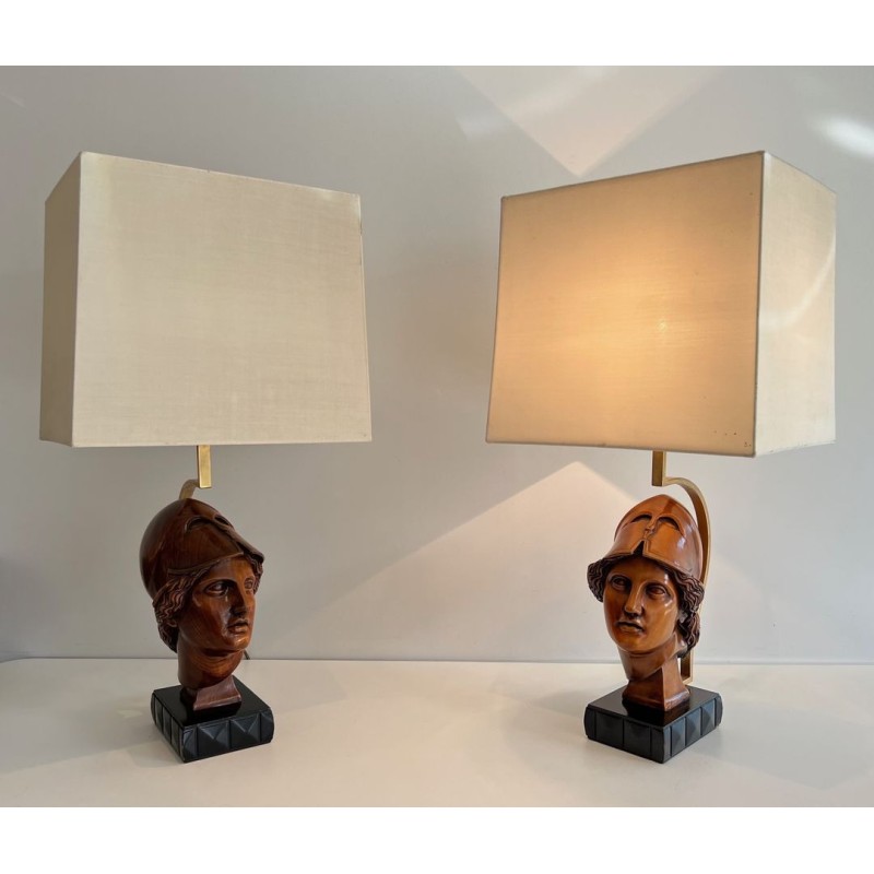 Paire de Lampes en Noyer, Visages de Soldats Casqués, Travail Italien, vers 1970