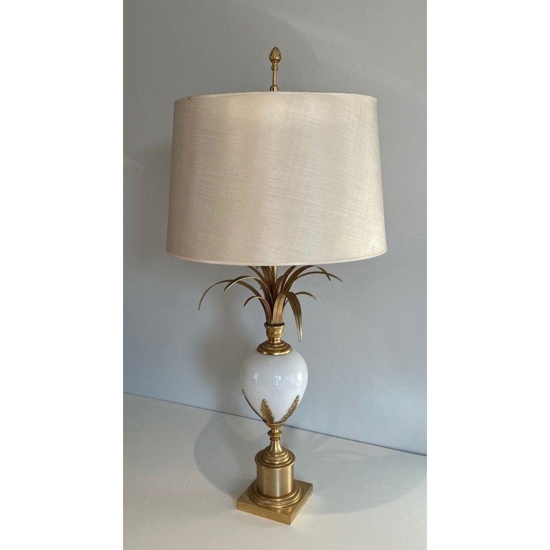 White Opaline Ostrich Egg Table Lamp, Gilt Nickel, Style of Maison Charles, circa 1970