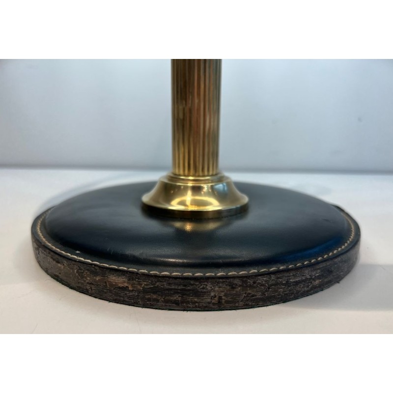 Dark Green Stitched Leather & Brass Desk Lamp, Style of Jacques Adnet, circa 1970