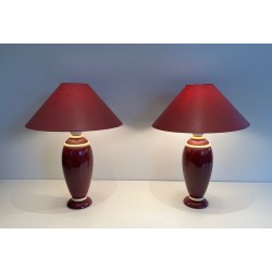 Paire de Lampes en Céramique Rose et Crème, Travail Français, vers 1970