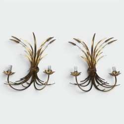 Pair Gilded Metal Wall Sconces Wheat Sheaves 1970 - Maison Barrois