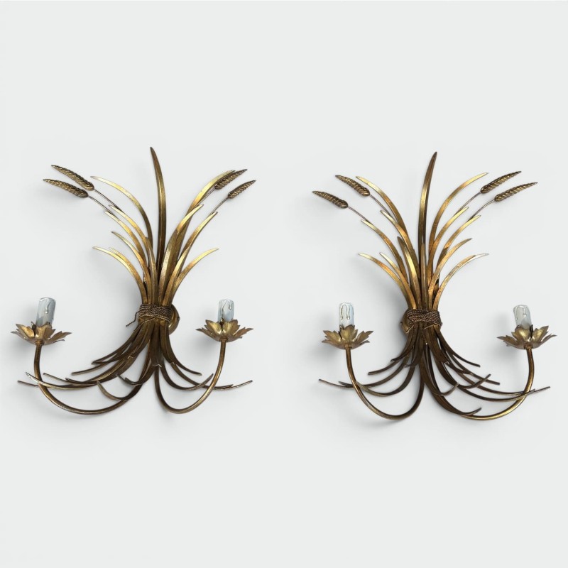 Paire Appliques Métal Doré Gerbes de Blé 1970 - Maison Barrois