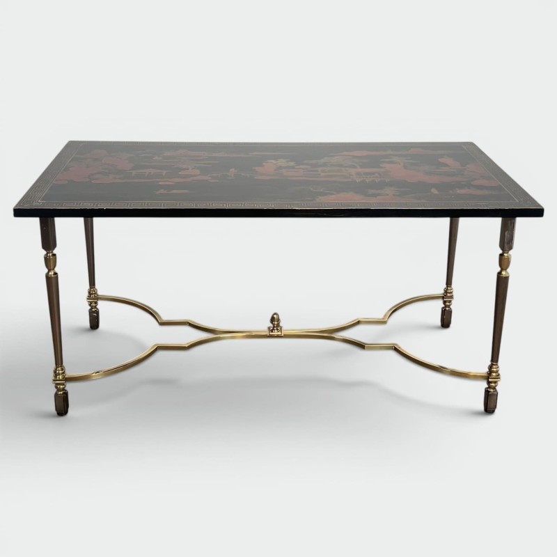Lacquered Chinese Decor Coffee Table Brass Base 1970 - Maison Barrois