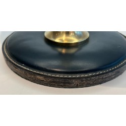 Dark Green Stitched Leather & Brass Desk Lamp, Style of Jacques Adnet, circa 1970