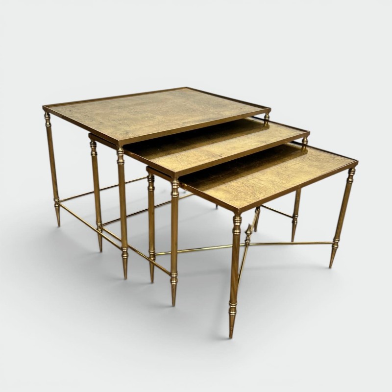 Tables Gigognes Métal Laqué Noir Plateaux Dorés 1970 - Maison Barrois