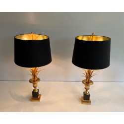 Paire de Lampes Palmier en Laiton et Laiton Laqué Noir dans le Goût de la Maison Charles. Vers 1970