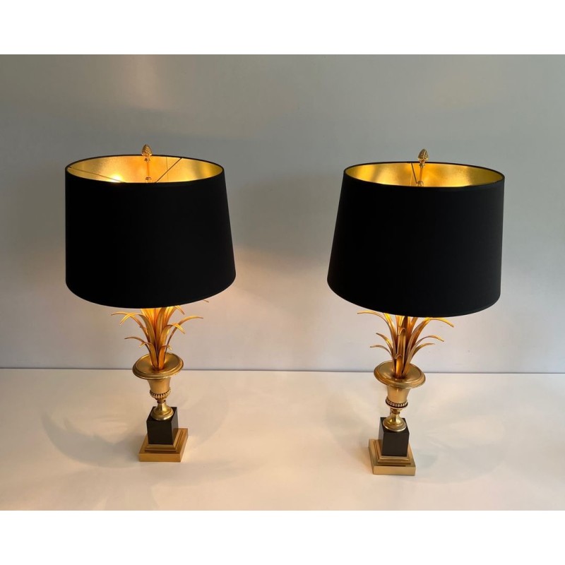Paire de Lampes Palmier en Laiton et Laiton Laqué Noir dans le Goût de la Maison Charles. Vers 1970