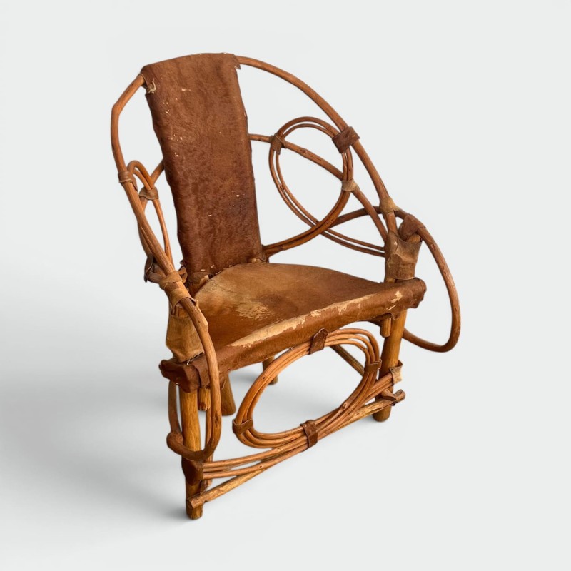 Fauteuil Rotin et Peau de Vache | Design Italien Années 60-70