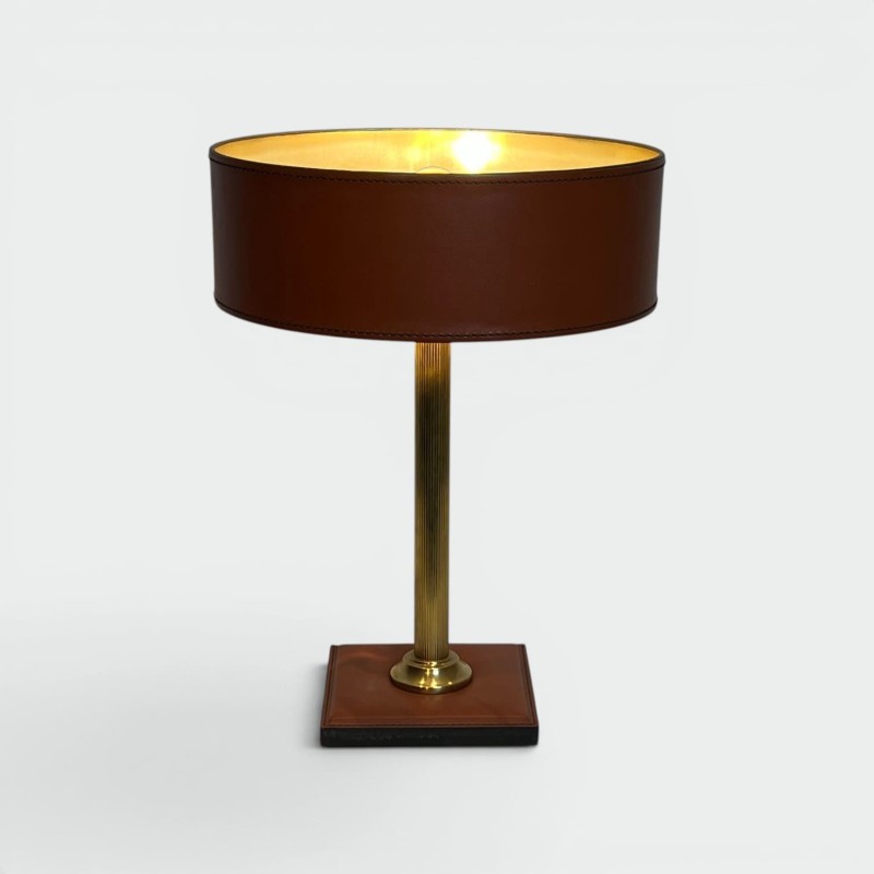 Lampe Cuir Camel & Laiton | Style Jacques Adnet Années 1950