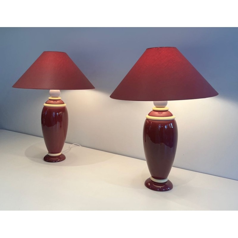 Pair of Pink & Cream Ceramic Table Lamps, French Work, circa 1970