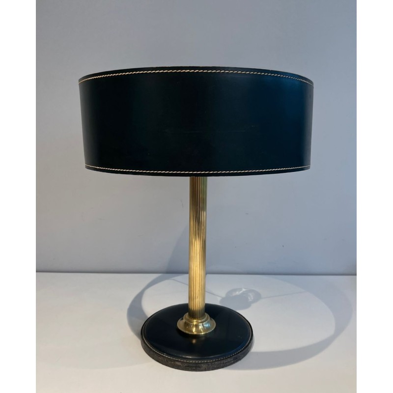 Dark Green Stitched Leather & Brass Desk Lamp, Style of Jacques Adnet, circa 1970