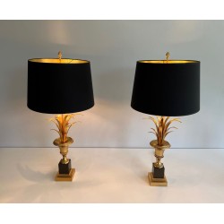Paire de Lampes Palmier en Laiton et Laiton Laqué Noir dans le Goût de la Maison Charles. Vers 1970