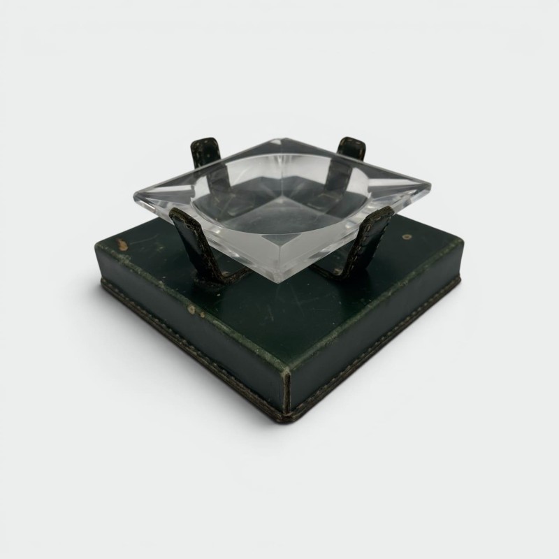 Cendrier en Cristal et Cuir Vert dans le Goût de Jacques Adnet, Années 1950.