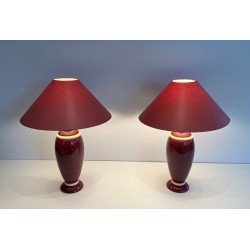 Paire de Lampes en Céramique Rose et Crème, Travail Français, vers 1970