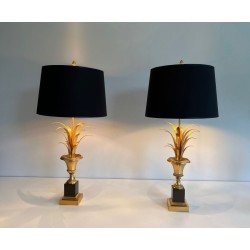 Paire de Lampes Palmier en Laiton et Laiton Laqué Noir dans le Goût de la Maison Charles. Vers 1970