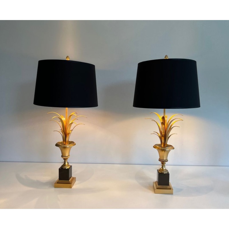 Paire de Lampes Palmier en Laiton et Laiton Laqué Noir dans le Goût de la Maison Charles. Vers 1970