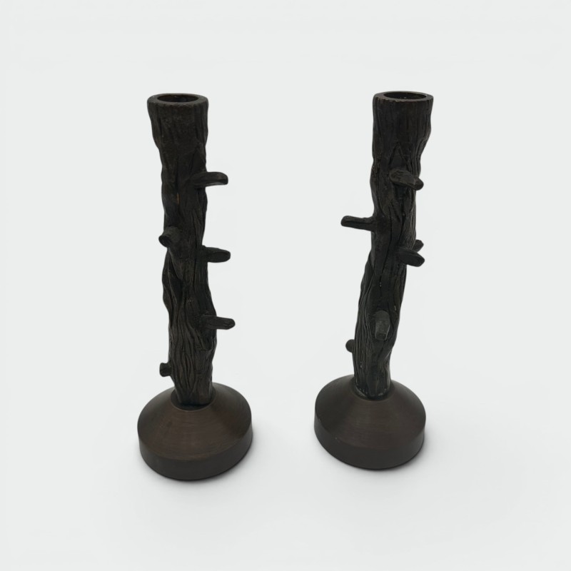Paire de bougeoir en bronze imitation bois vers 1970
