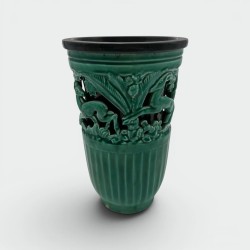 Vase en céramique verte à décor de biches – Signé de sainte radegonde,vers 1970
