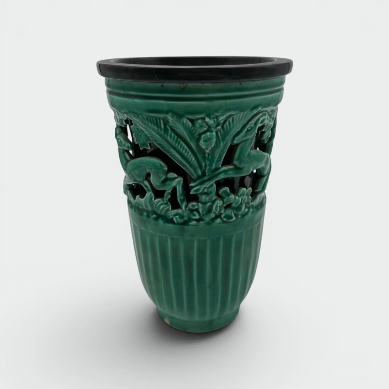 Vase en céramique verte à décor de biches – Signé de sainte radegonde,vers 1970