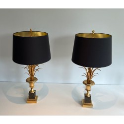 Paire de Lampes Palmier en Laiton et Laiton Laqué Noir dans le Goût de la Maison Charles. Vers 1970