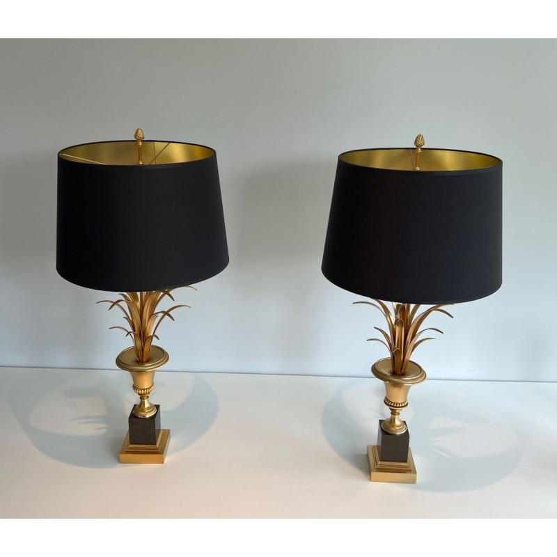 Paire de Lampes Palmier en Laiton et Laiton Laqué Noir dans le Goût de la Maison Charles. Vers 1970