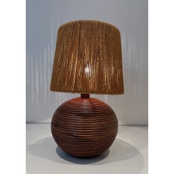 Lampe Ronde en Rotin Abat-Jour Corde, Goût Audoux-Minet, Travail Français, vers 1970