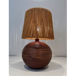 Round Rattan Table Lamp with Rope Shade, Style of Audoux-Minet, French Work, circa 1970