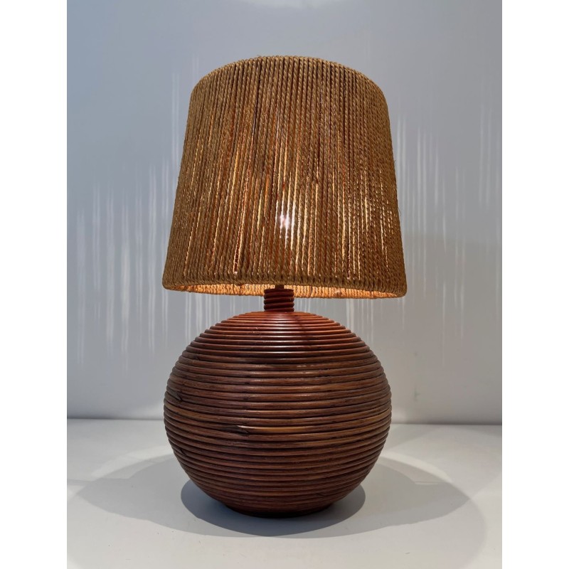 Lampe Ronde en Rotin Abat-Jour Corde, Goût Audoux-Minet, Travail Français, vers 1970