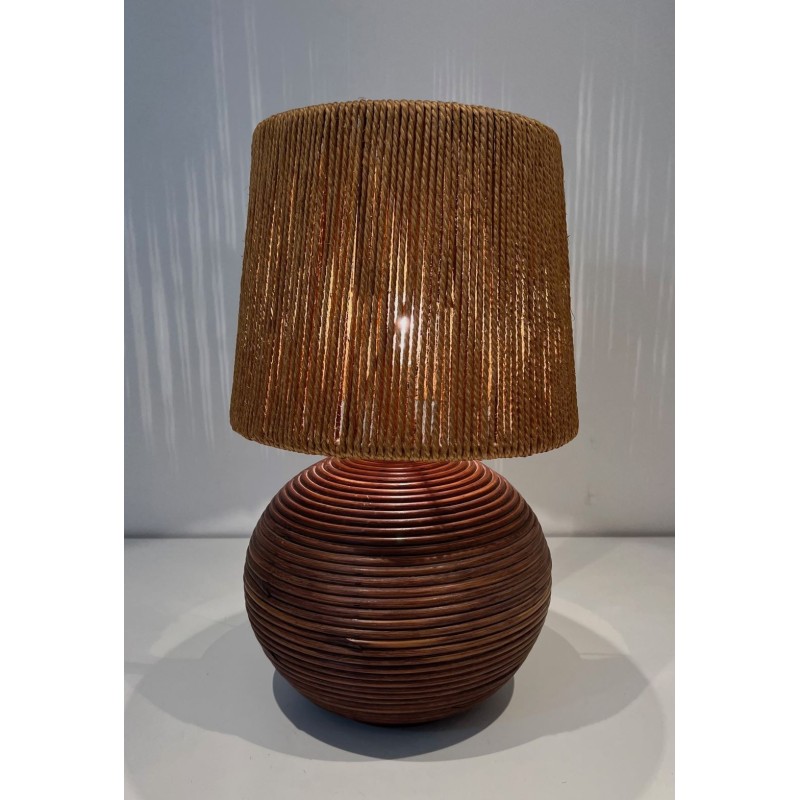 Round Rattan Table Lamp with Rope Shade, Style of Audoux-Minet, French Work, circa 1970