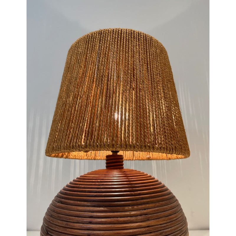 Lampe Ronde en Rotin Abat-Jour Corde, Goût Audoux-Minet, Travail Français, vers 1970