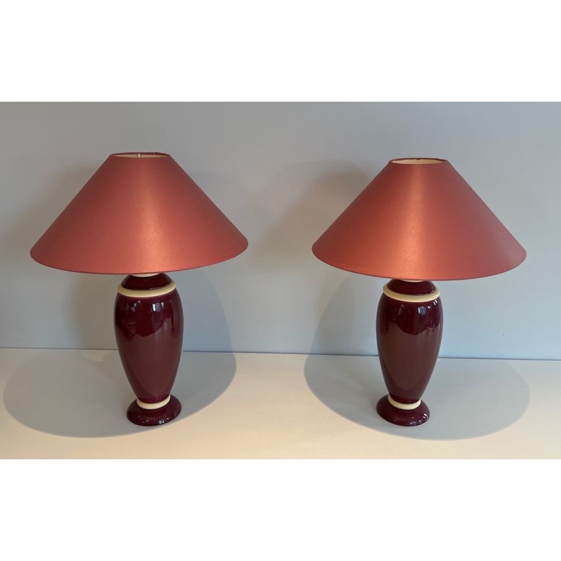 Paire de Lampes en Céramique Rose et Crème, Travail Français, vers 1970
