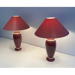 Paire de Lampes en Céramique Rose et Crème, Travail Français, vers 1970