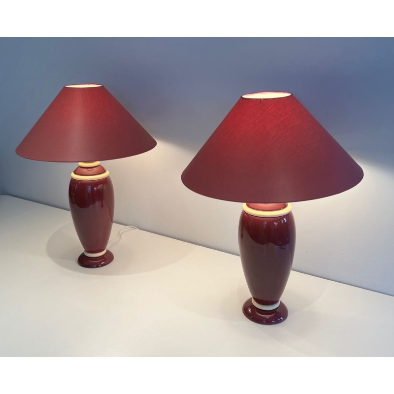 Pair of Pink & Cream Ceramic Table Lamps, French Work, circa 1970
